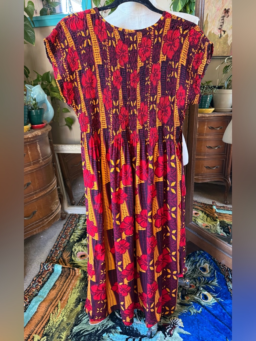 Mesian Original Style Tropical Floral Smocked Midi Dress, size XL - Picture 8 of 9